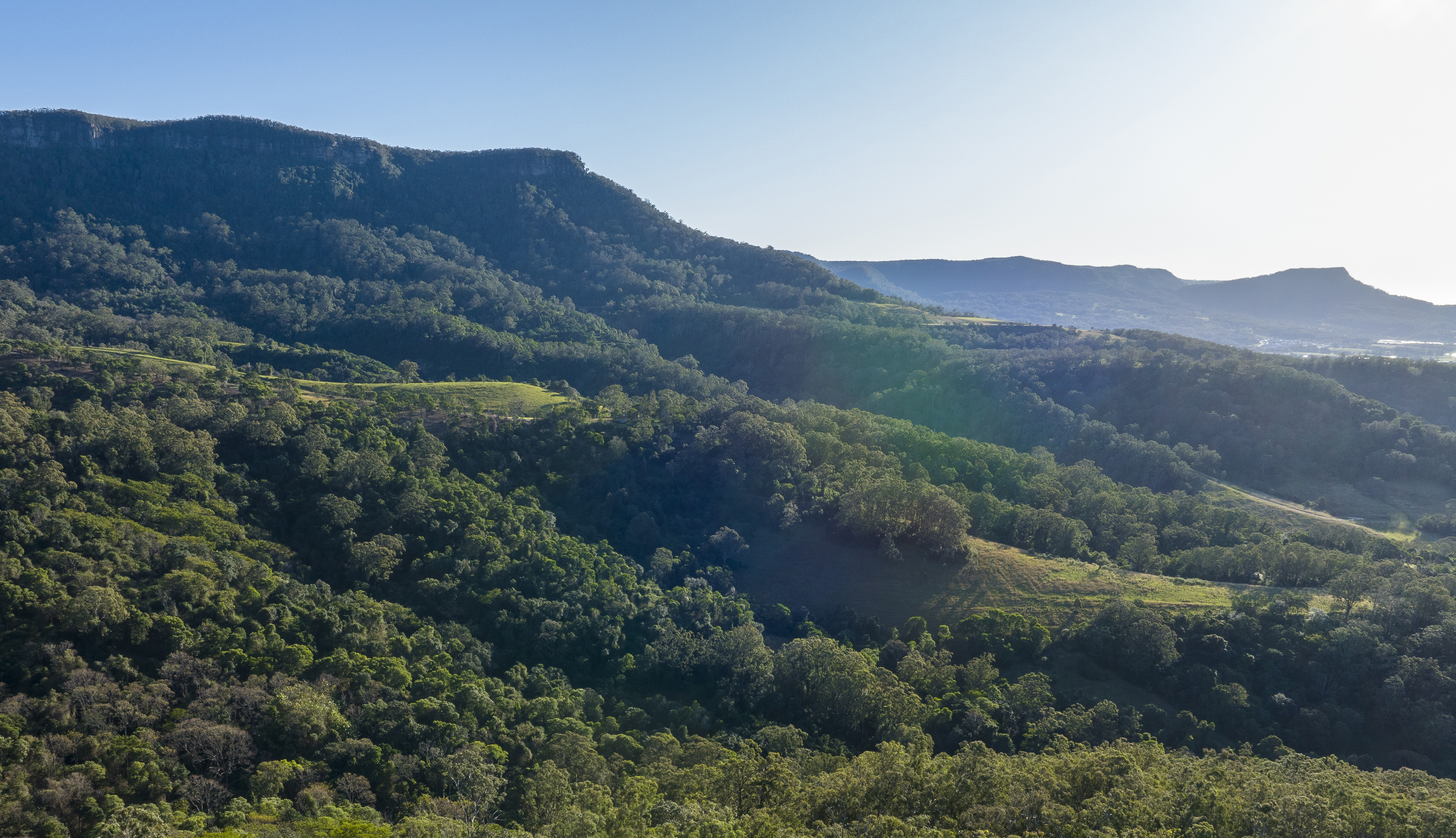Aerial view over the Illawarra escarpment and forested valley