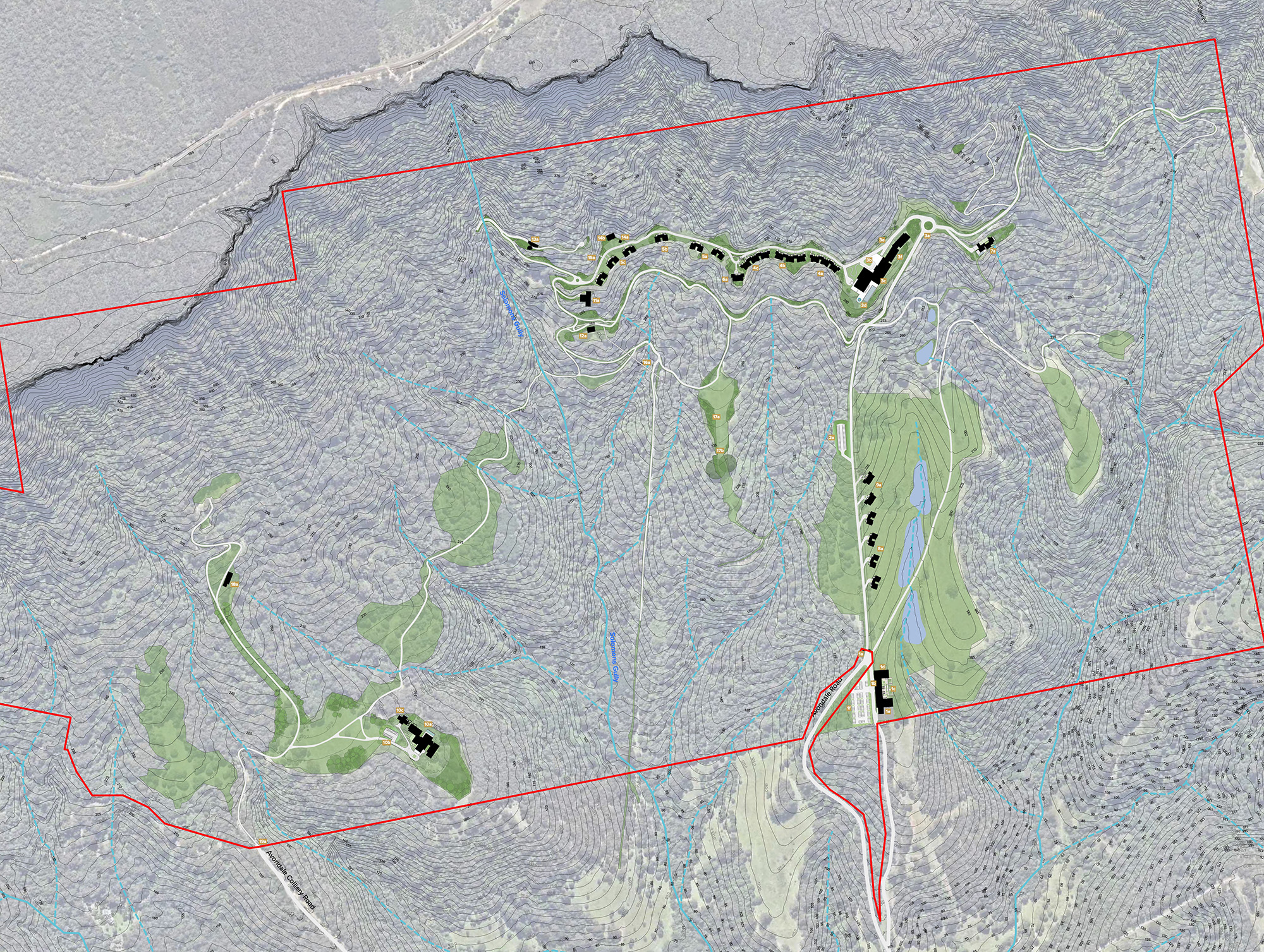 Avondale site masterplan — aerial overlay showing the development footprint across the former colliery site